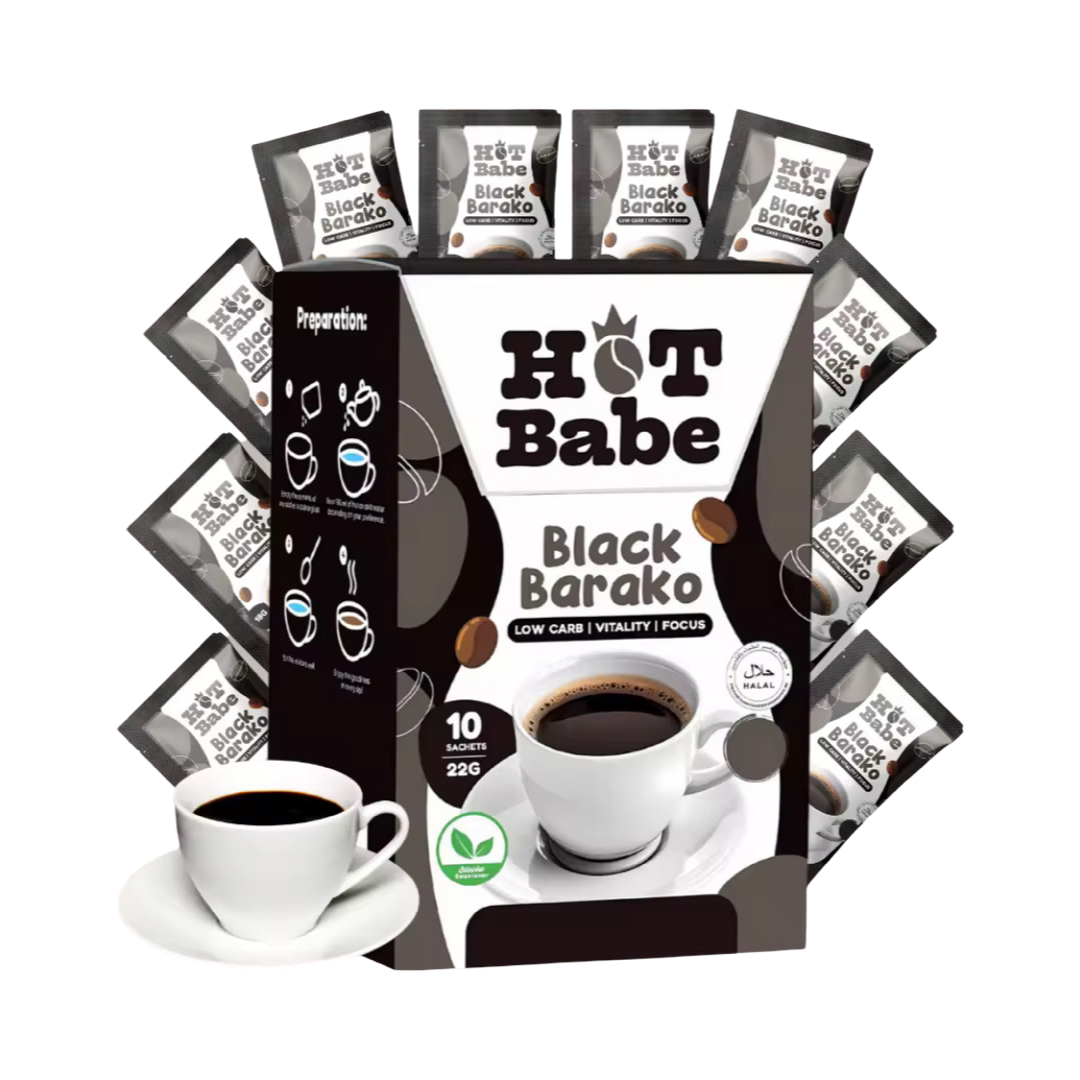 Black Coffee in a White cup with saucer and a box of black coffee with 10 sachets behind the box