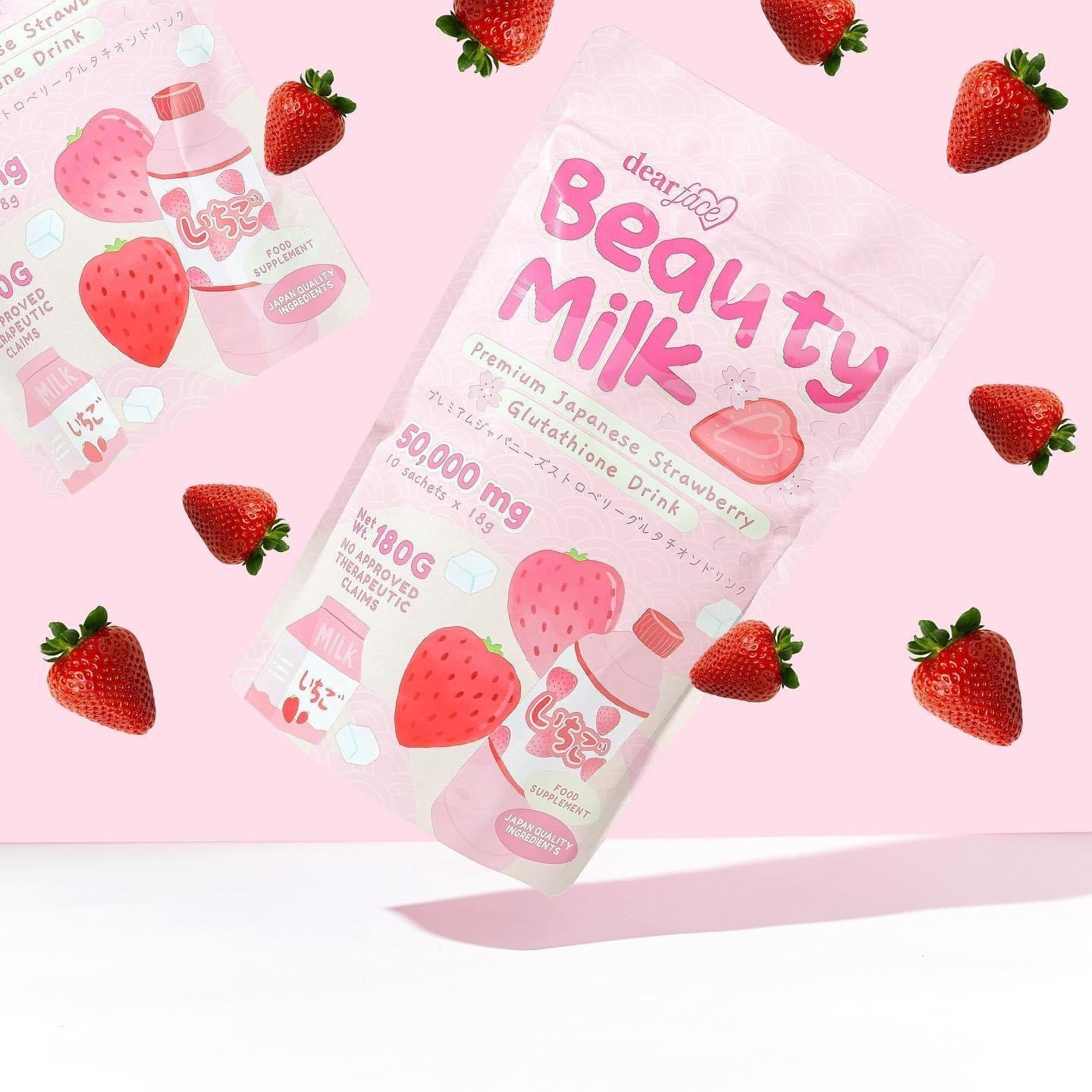 Dear Face Beauty Milk STRAWBERRY Drink, Japanese Collagen, 10 Sachets X 18g