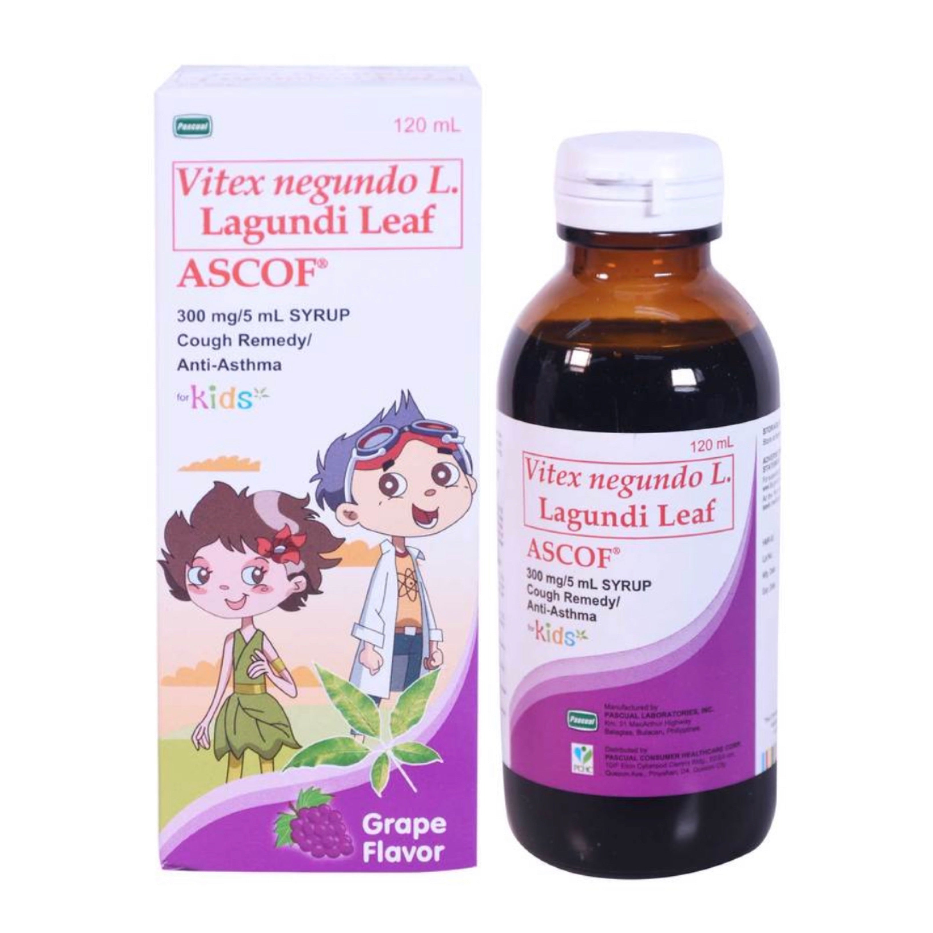 ASCOF Vitex L. Lagundi Leaf 300mg/5ml Grapes Flavor Syrup For Kids & Adults, 120ml