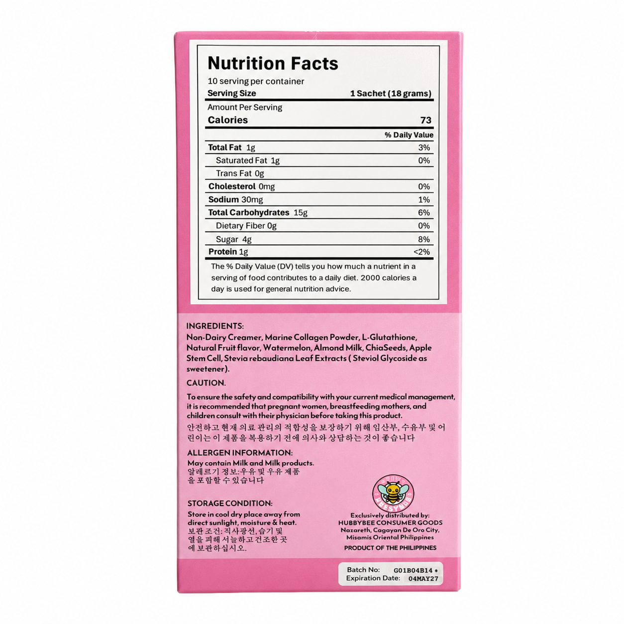HubbyBee Premium Marine Collagen Drink Mix, Watermelon Flavor | With L-Glutathione, Apple Stem Cell Extract, Chia Seeds & Stevia | 10 Stick Packs (18 g Each)