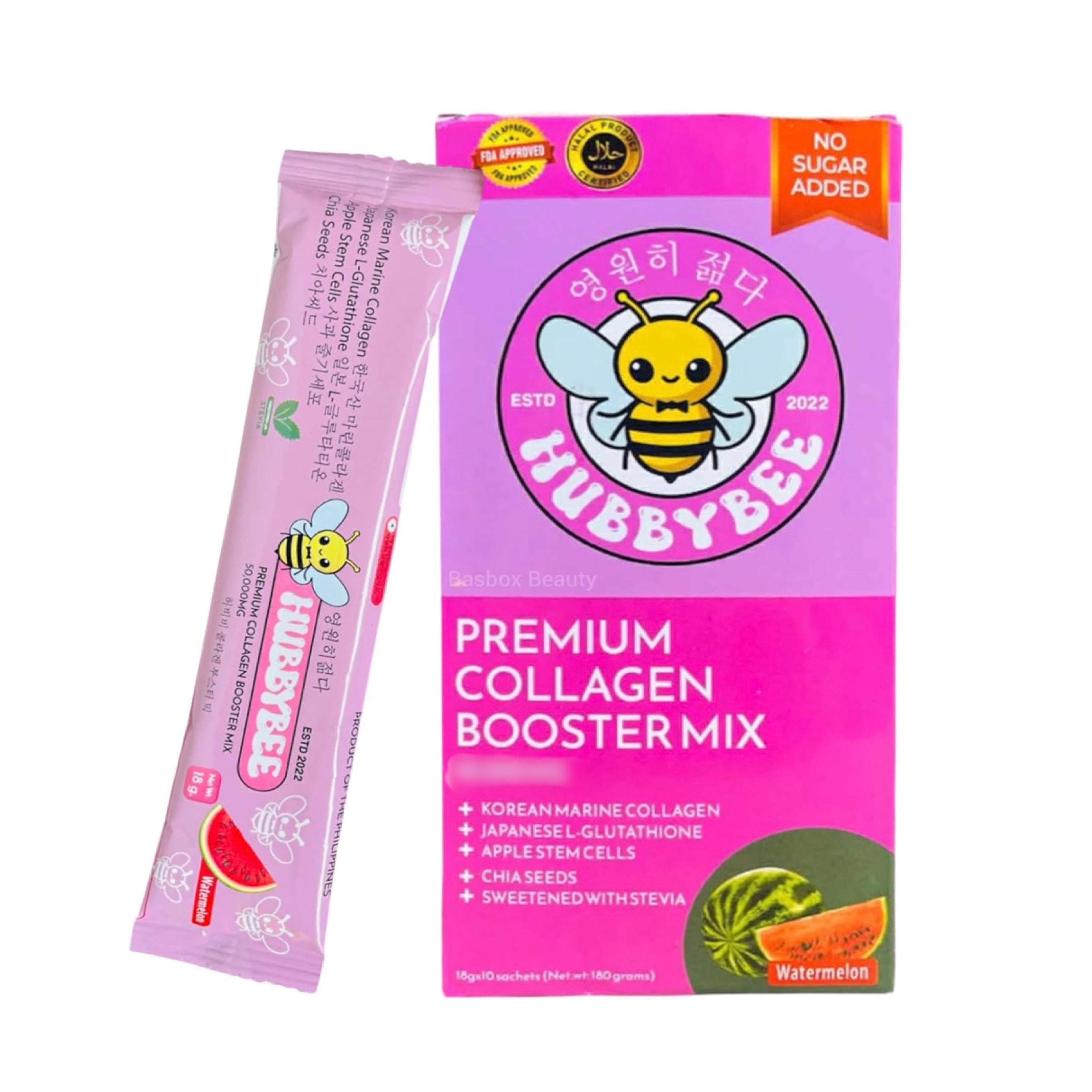 HubbyBee Premium Marine Collagen Drink Mix, Watermelon Flavor | With L-Glutathione, Apple Stem Cell Extract, Chia Seeds & Stevia | 10 Stick Packs (18 g Each)