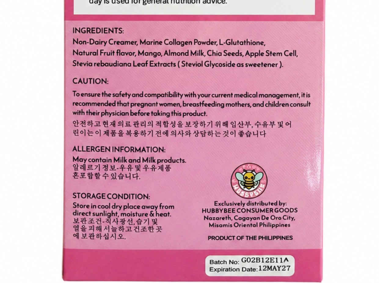 HubbyBee Premium Marine Collagen Drink Mix, Mango Flavor | With L-Glutathione, Apple Stem Cell Extract, Chia Seeds & Stevia | 10 Stick Packs (18 g Each) (Copy)