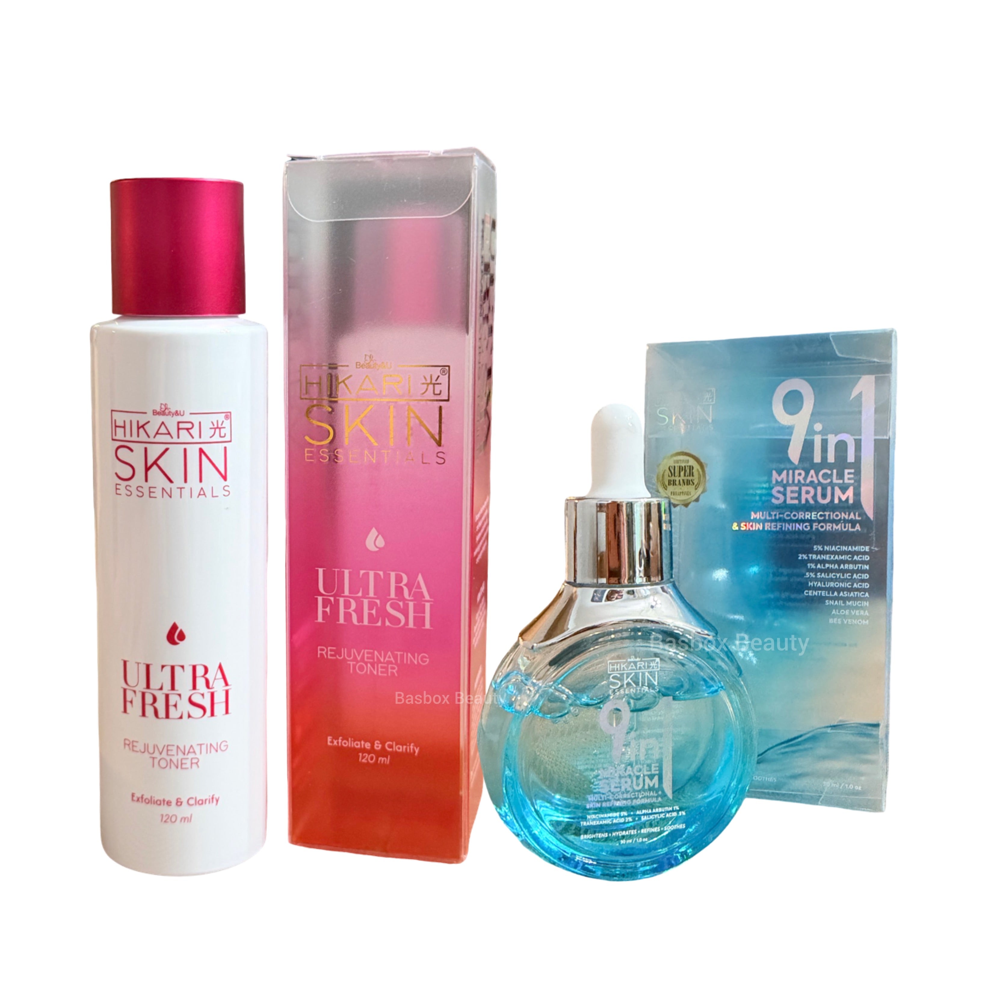 Hikari Skin Essentials Ultra Fresh Facial Toner & 9 in 1 Miracle Serum Bundle | Daily Skincare Set | Lightweight Toner & Multi-Ingredient Facial Serum