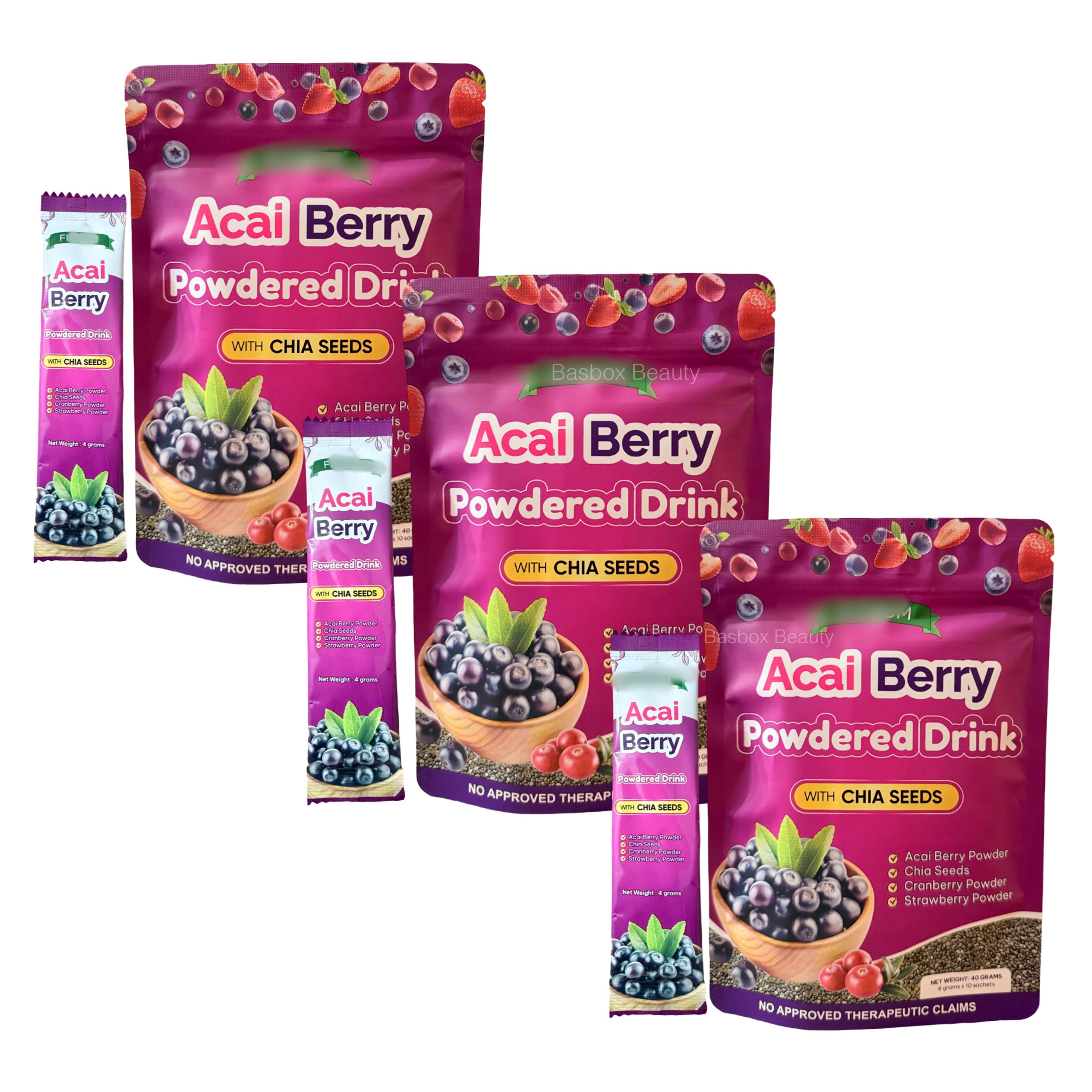 3-Pack Ftgum Acai Berry Powdered Drink with Chia Seeds | Acai, Strawberry & Cranberry Blend | 4g x 30 Sachets