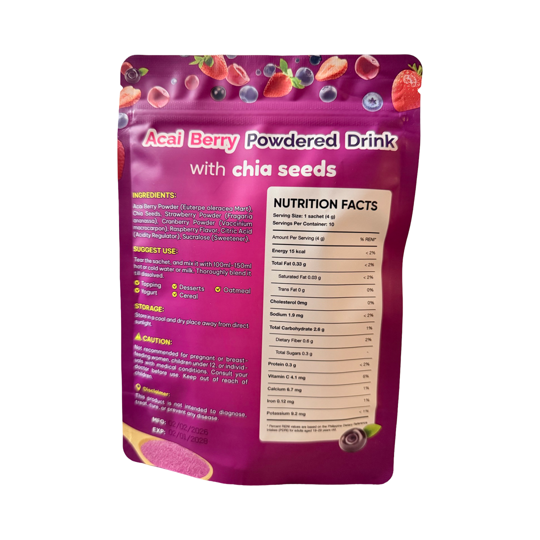 2-Pack Ftgum Acai Berry Powdered Drink with Chia Seeds | Acai, Strawberry & Cranberry Blend | 4g x 20 Sachets